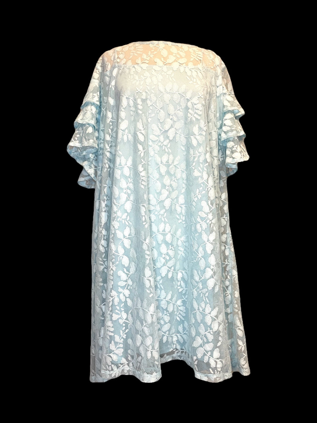 4X Light blue botanical lace half sleeve scoop neck dress w/ tiered ruffle sleeves, & clasp keyhole closure