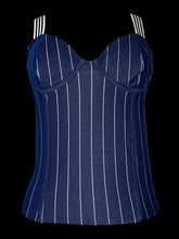 Load image into Gallery viewer, M Blue &amp; white pinstripe sleeveless crop top w/ black &amp; white elastic straps, defined chest, &amp; ruched back

