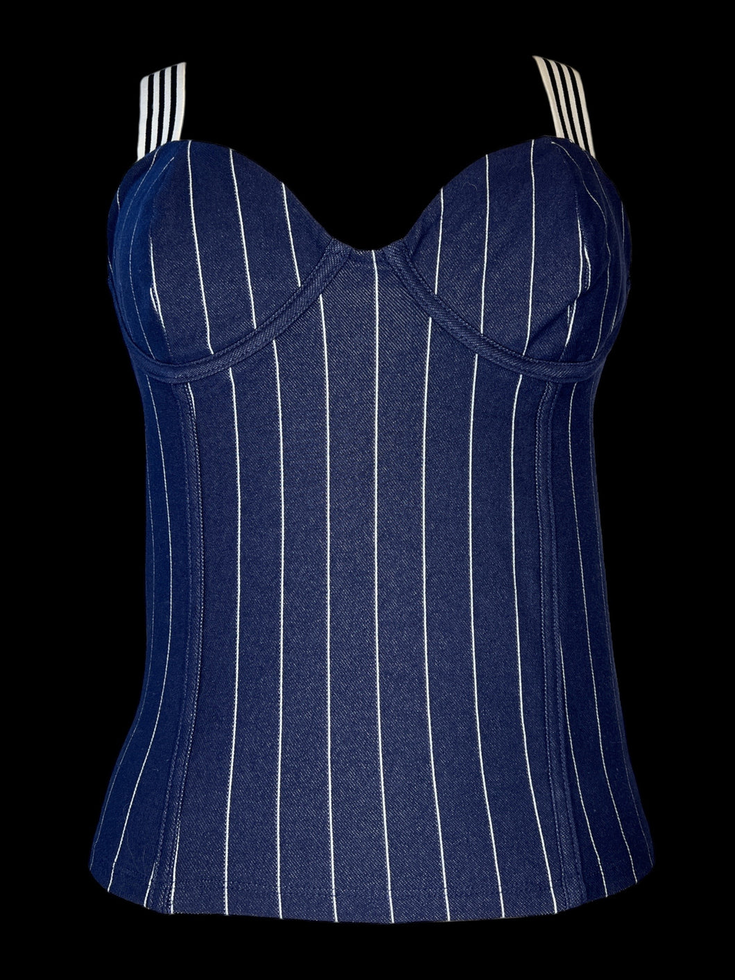 M Blue & white pinstripe sleeveless crop top w/ black & white elastic straps, defined chest, & ruched back