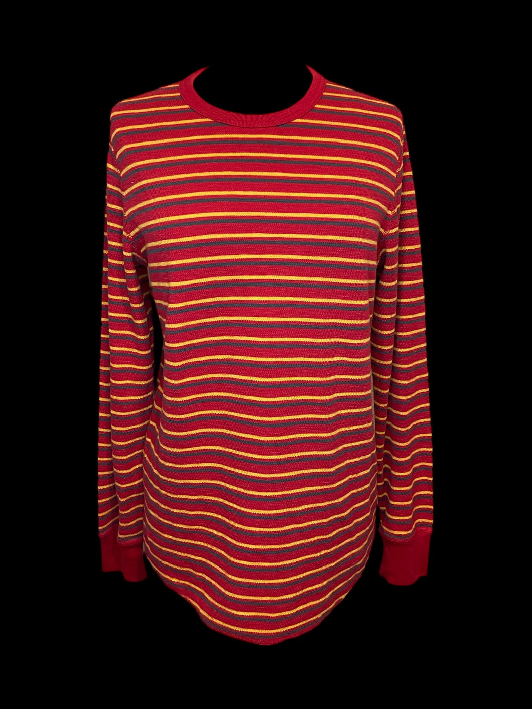 0X Red, yellow, & grey stripe waffle knit long sleeve crew neck top