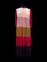 Load image into Gallery viewer, XL Beige, yellow, &amp; red velvet 3/4 sleeve high neck tiered dress
