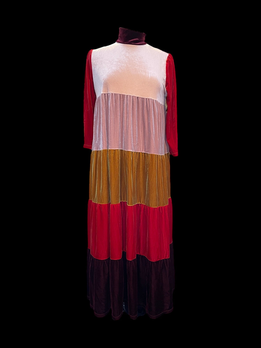 XL Beige, yellow, & red velvet 3/4 sleeve high neck tiered dress