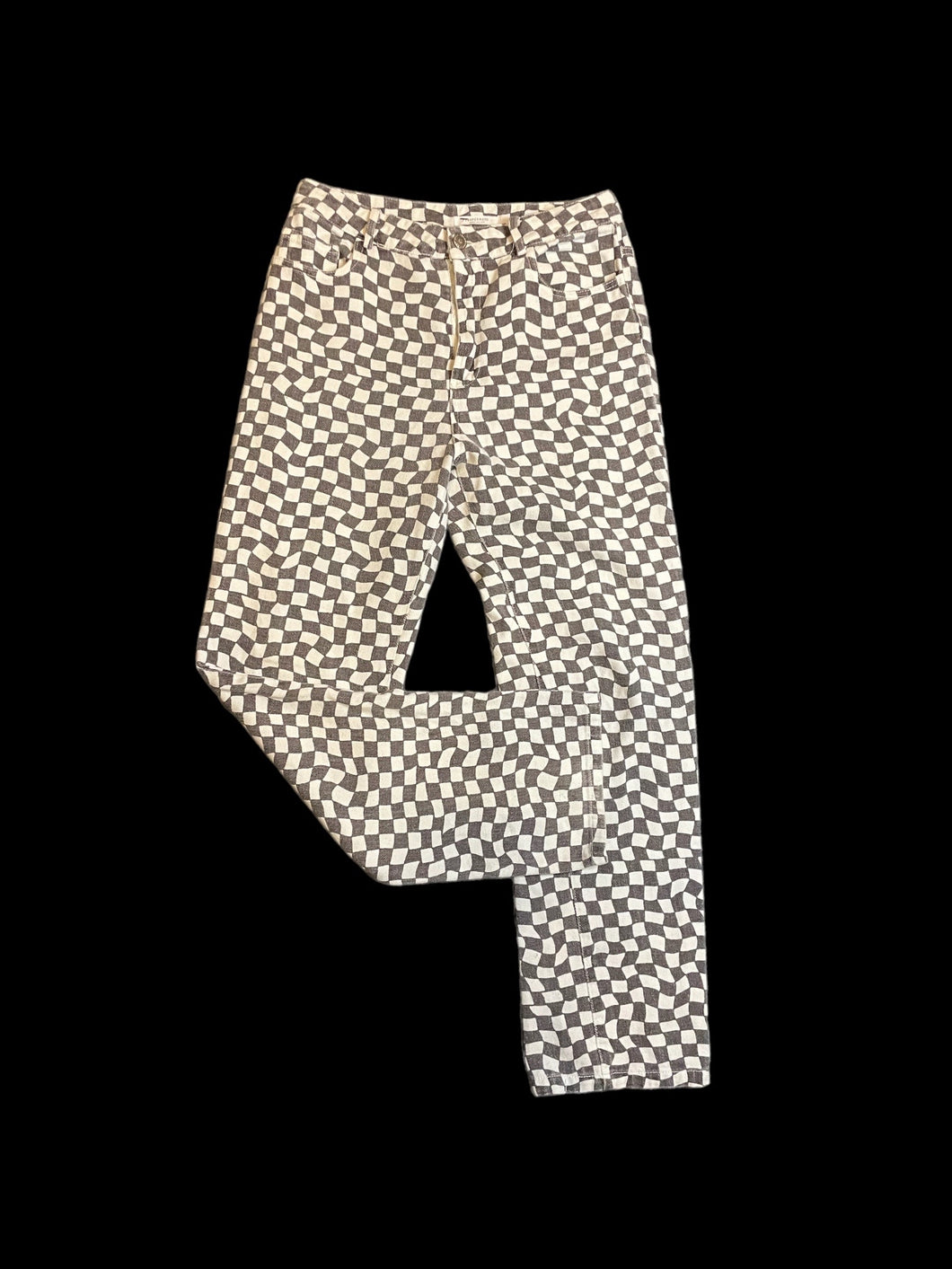 XS White & olive green wavy checkered pattern high waisted pants w/ pockets, belt loops, & zipper/button closure