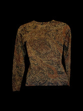 Load image into Gallery viewer, XS Vintage brown, black, &amp; metallic gold ornate pattern knit long sleeve crew neckline sweater
