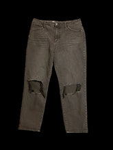 Load image into Gallery viewer, XL Black distressed cotton blend high waist taper leg w/ pockets, belt loops, &amp; button/zipper closure
