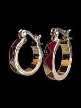 Load image into Gallery viewer, Vintage 60s gold-like saddleback hoop earrings w/ red triangle details
