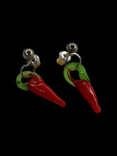 Load image into Gallery viewer, Silver-like dangle stud earrings w/ red &amp; green pepper charms, &amp; bullet backs
