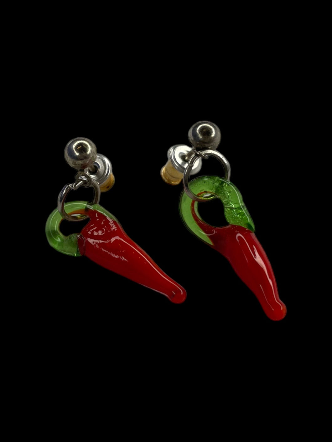 Silver-like dangle stud earrings w/ red & green pepper charms, & bullet backs