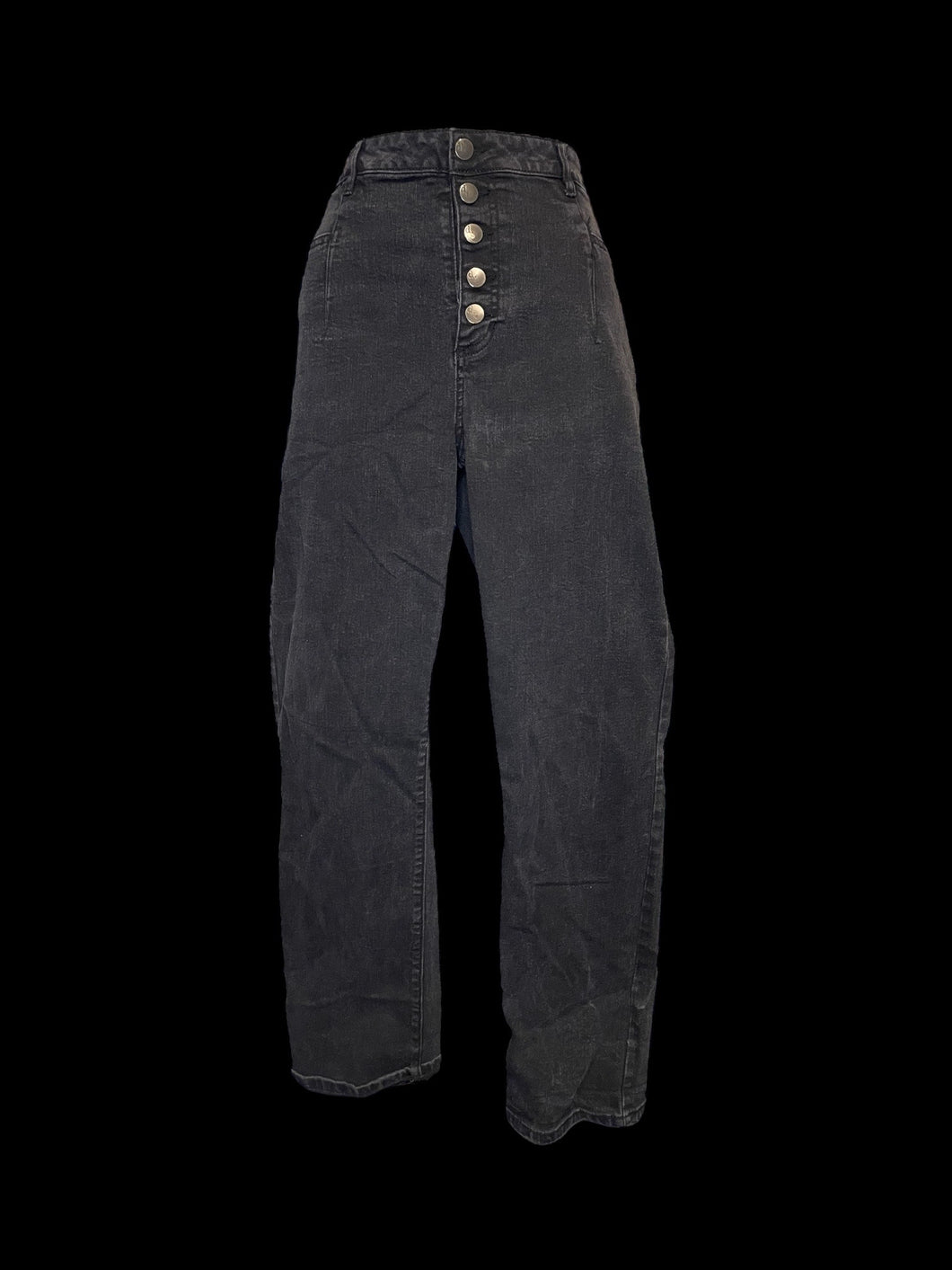 XL Black denim high waist taper leg pants w/ pockets, belt loops, & five button closure