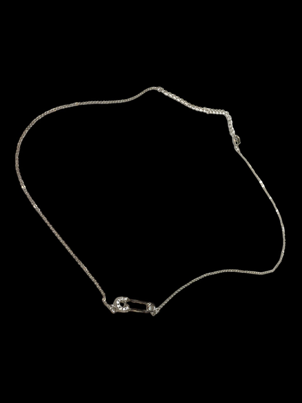 Silver-like jeweled safety pin necklace