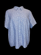 Load image into Gallery viewer, 3X Vintage blue &amp; white pinstripe short sleeve button down purple &amp; black floral top w/ folded collar
