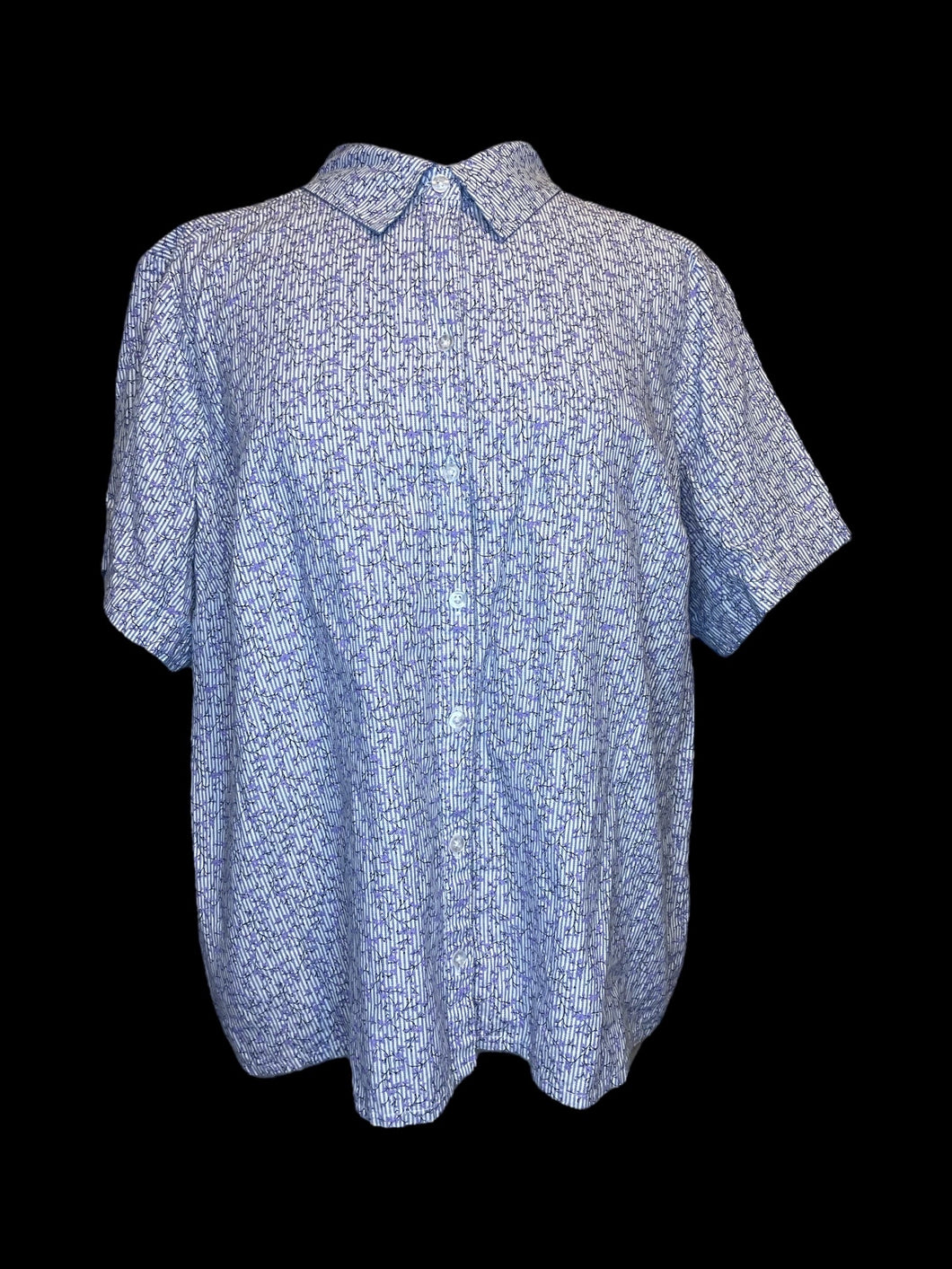 3X Vintage blue & white pinstripe short sleeve button down purple & black floral top w/ folded collar