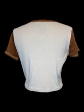 Load image into Gallery viewer, L Blush, brown, &amp; pink waffle knit paneling short sleeve scoop neck crop top
