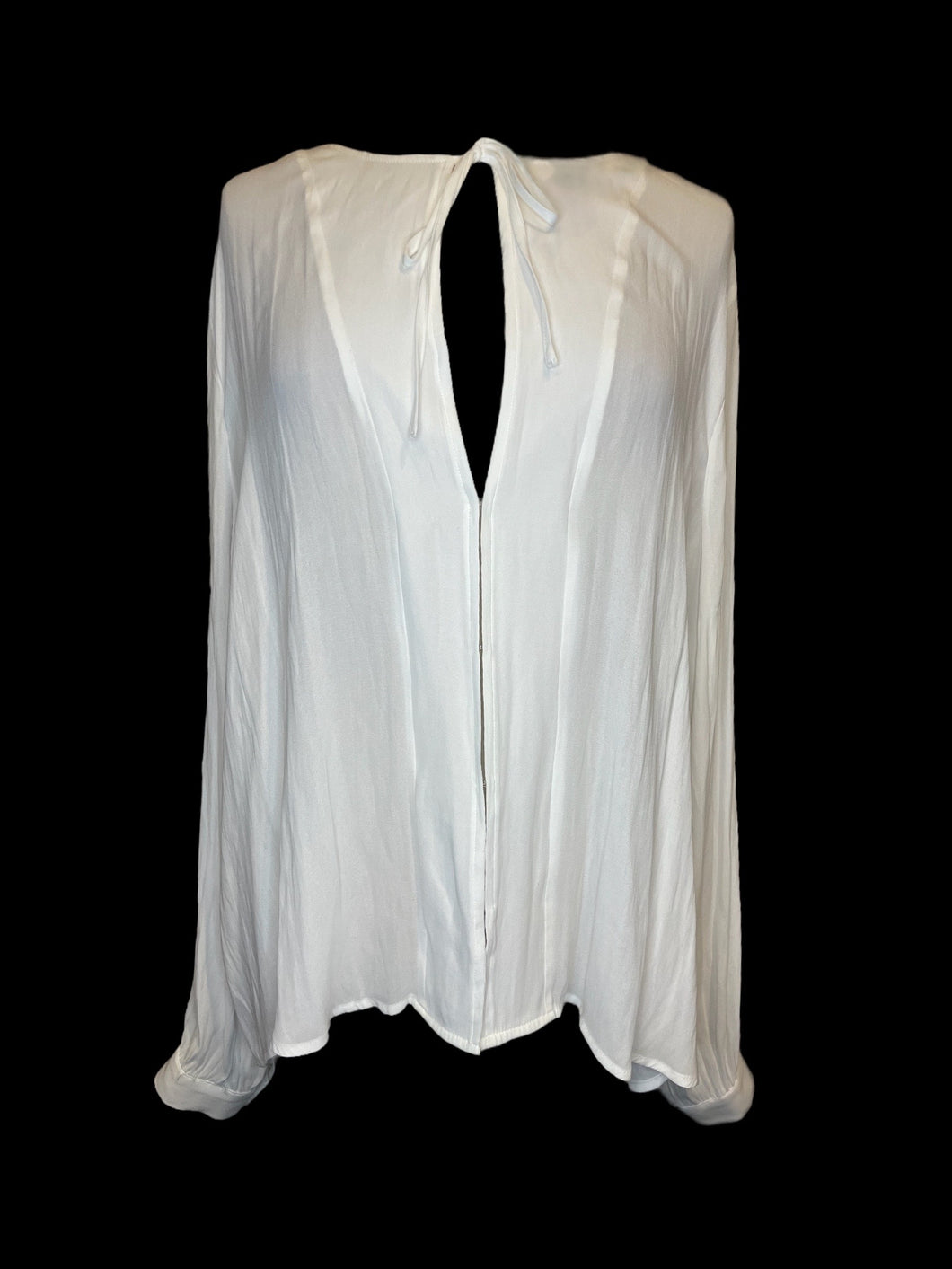 4X Sheer white balloon sleeve tie keyhole neckline top w/ hook & eye clasp closure, & button cuffs