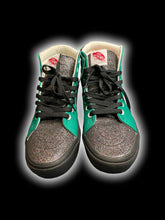 Load image into Gallery viewer, NWT 8M/9.5W Rainbow glitter, black, &amp; green custom high top Vans w/ black laces, &amp; bag
