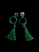 Load image into Gallery viewer, Teal &amp; green circle, ring, &amp; tassel dangle earrings w/ secure lock backs
