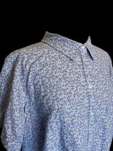 Load image into Gallery viewer, 3X Vintage blue &amp; white pinstripe short sleeve button down purple &amp; black floral top w/ folded collar
