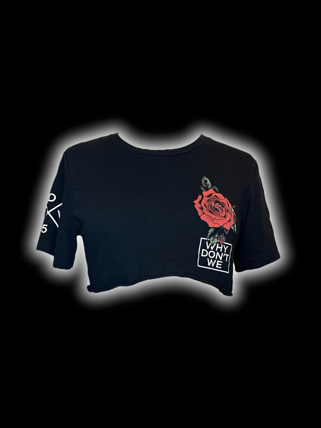M Black cotton short sleeve crew neck super crop top w/ red, green, & white rose & “Why Don’t We” graphics