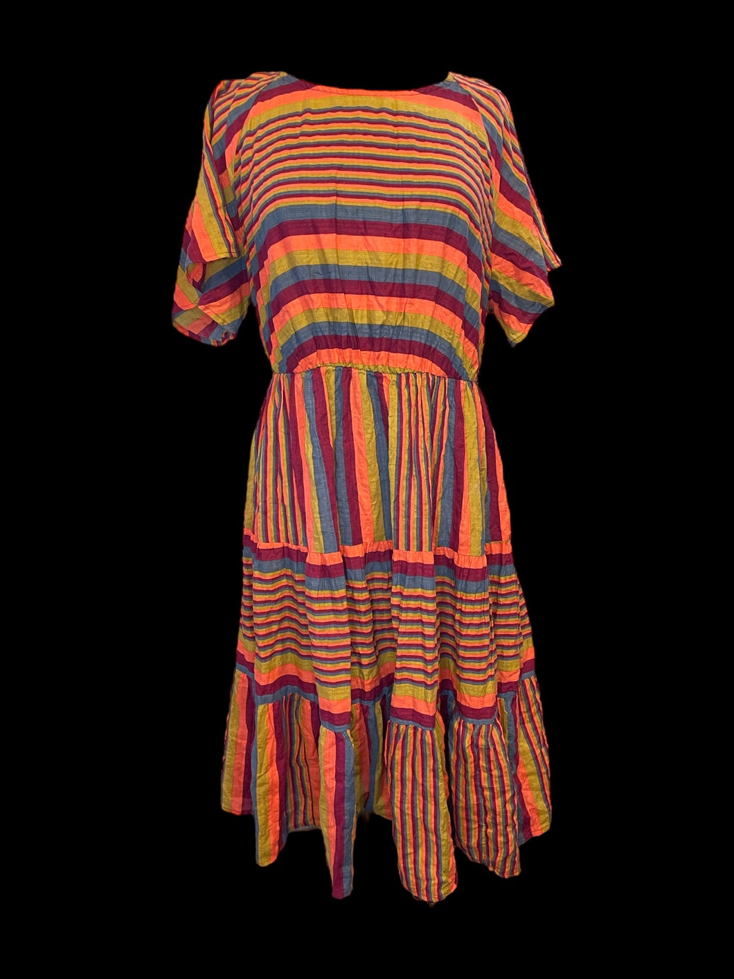 1X Pink, yellow, & blue stripe short sleeve scoop neck midi dress w/ elastic waist, & tiered skirt