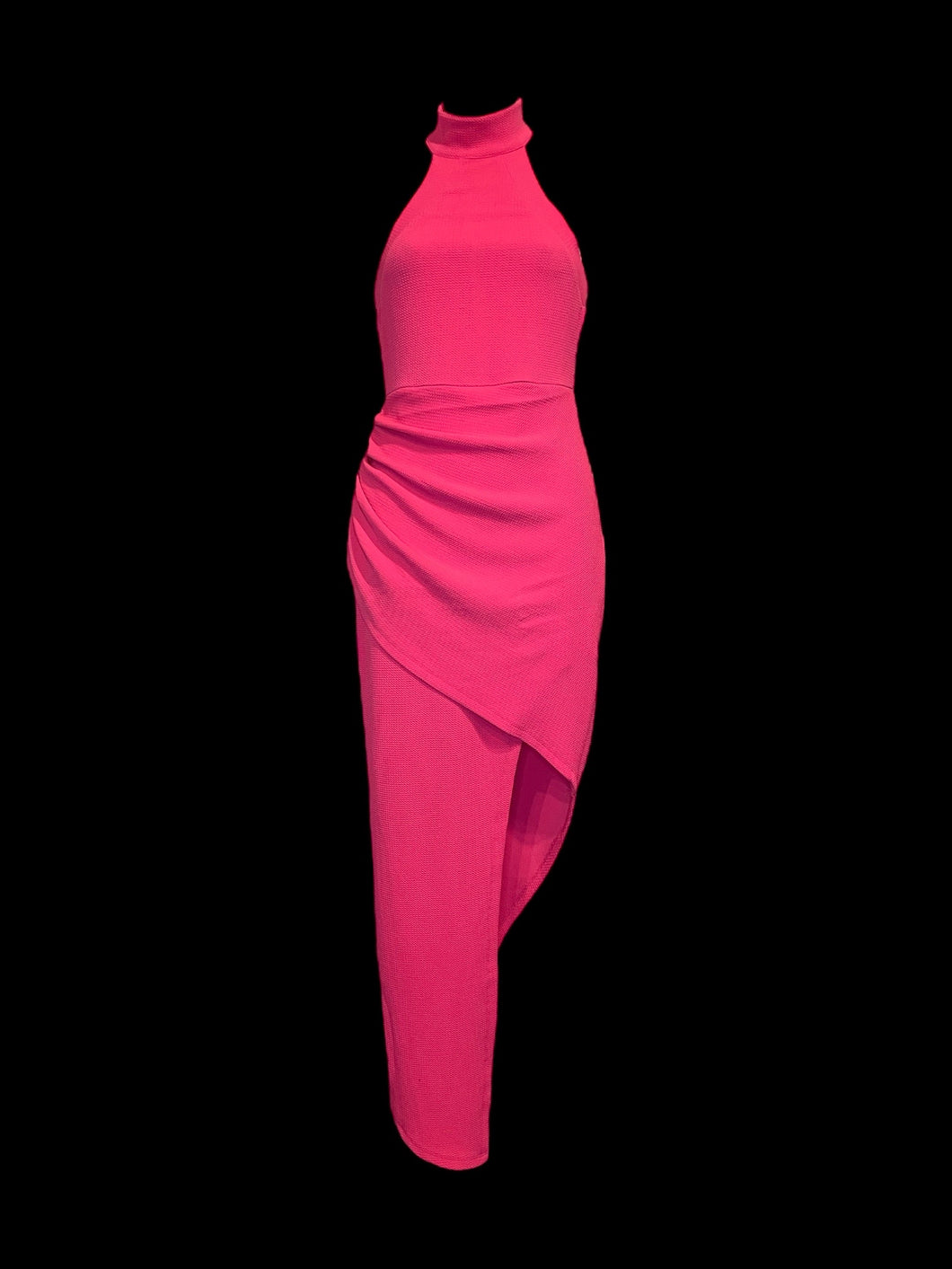 XXS Hot pink sleeveless high neckline mock wrap skirt bodycon dress w/ asymmetric hem, textured fabric, & zipper closure