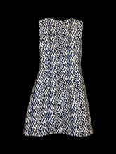 Load image into Gallery viewer, S Dark blue &amp; white geometric pattern sleeveless round neckline bodycon dress w/ wooden bead collar, pockets, &amp; clasp/zipper closure
