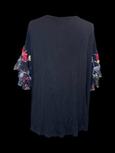 Load image into Gallery viewer, 3X Black flutter sleeve scoop neckline top w/ mesh &amp; floral embroidery details
