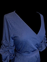 Load image into Gallery viewer, XL Dark blue and silver metallic half sleeve wrap gown w/ ruching details
