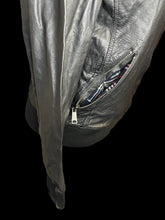 Load image into Gallery viewer, L Black leather zip-up jacket w/ blue, white, &amp; red cotton lining, zipper details, &amp; rib knit hems

