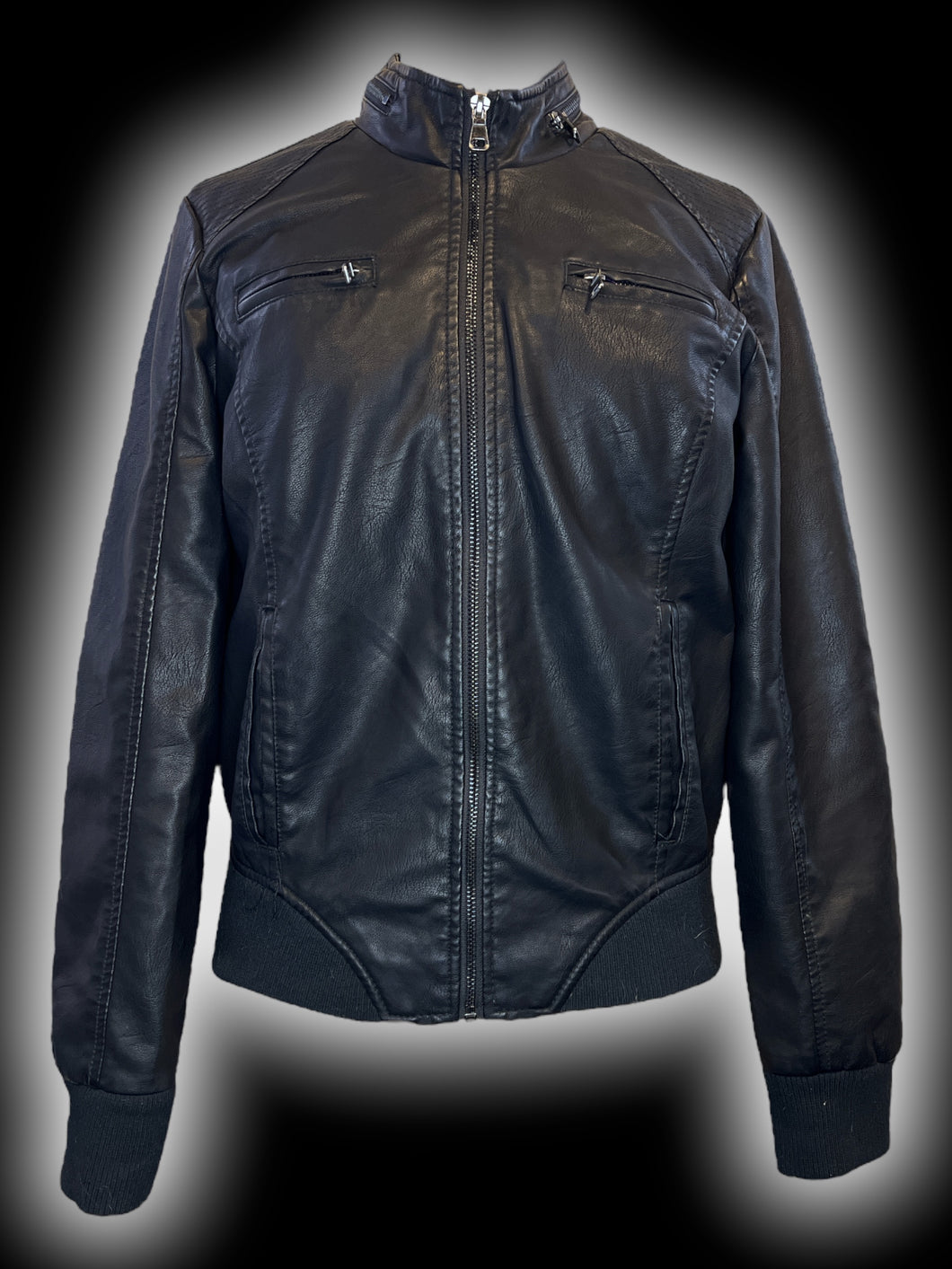 M Black pleather long sleeve zip up moto style jacket w/ pockets