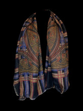Load image into Gallery viewer, Vintage 70s blue, brown, green, &amp; red plaid &amp; paisley square scarf
