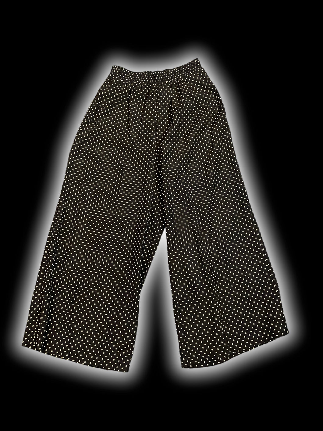 XXS Black & white polka dot high waist wide leg pants w/ elastic waist, & pockets