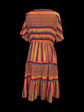 Load image into Gallery viewer, 1X Pink, yellow, &amp; blue stripe short sleeve scoop neck midi dress w/ elastic waist, &amp; tiered skirt
