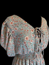 Load image into Gallery viewer, L Light blue, pink, &amp; white floral flutter sleeve lace up v-neckline dress w/ shirred waist, &amp; cross strap back
