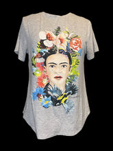 Load image into Gallery viewer, L Heathered grey short sleeve top w/ floral Frida Kahlo graphic

