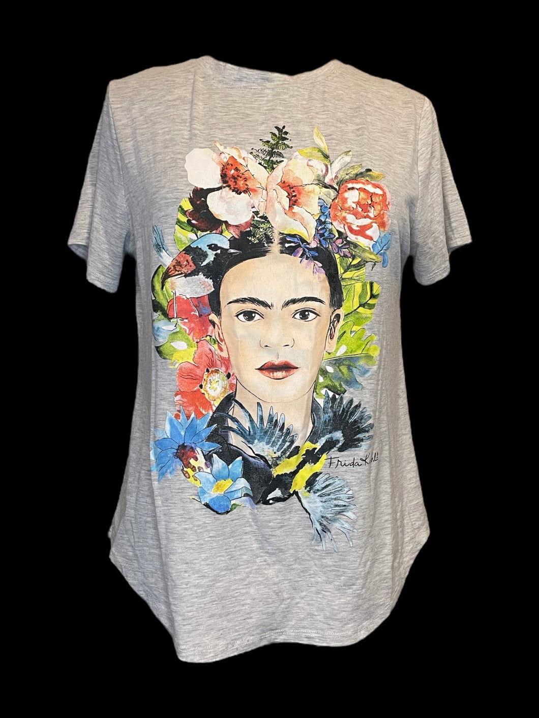 L Heathered grey short sleeve top w/ floral Frida Kahlo graphic