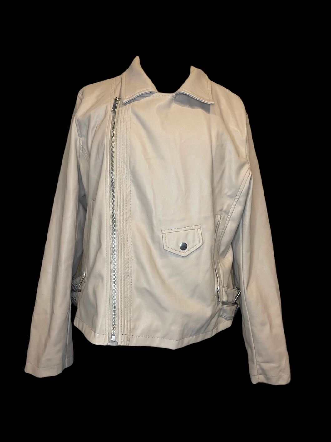 L Beige pleather long sleeve zip-up moto-style jacket w/ folded collar, pockets, & buckle details