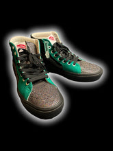 Load image into Gallery viewer, NWT 8M/9.5W Rainbow glitter, black, &amp; green custom high top Vans w/ black laces, &amp; bag
