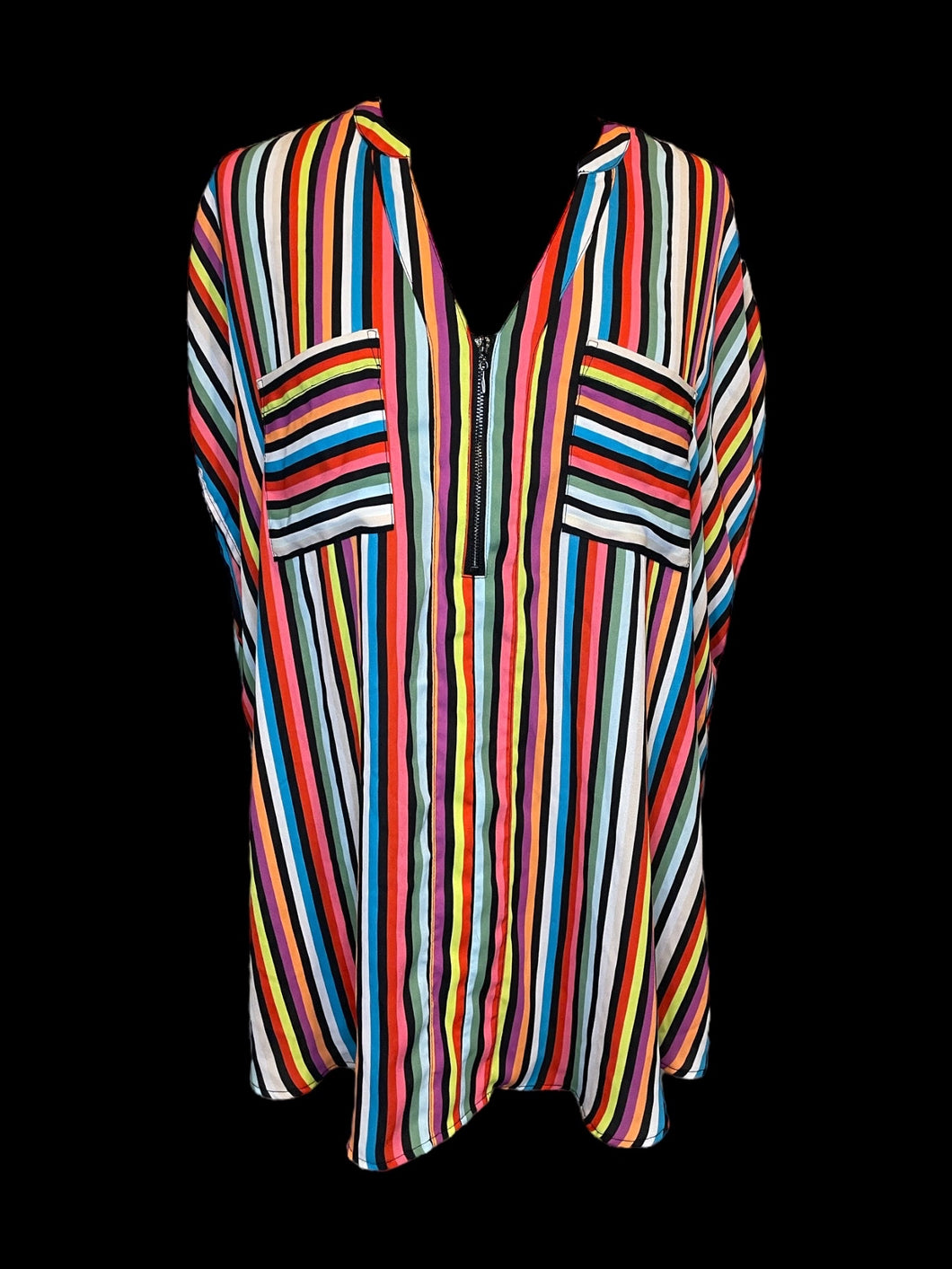 3X Black, white, & bright multicolor stripe sleeveless partial zip-up hi-lo top w/ chest pockets