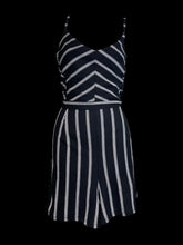 Load image into Gallery viewer, 0x Black sleevless sweetheart neckline romper w/ stylized white stripes, lace back, open back, &amp; back zipper closure
