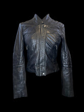 Load image into Gallery viewer, XS Vintage 70s black leather &amp; cotton long sleeve crop jacket w/ pockets, &amp; snap details
