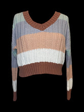 Load image into Gallery viewer, S Brown, white, green, &amp; purple stripe knit long sleeve v-neckline crop sweater w/ ribbed hem
