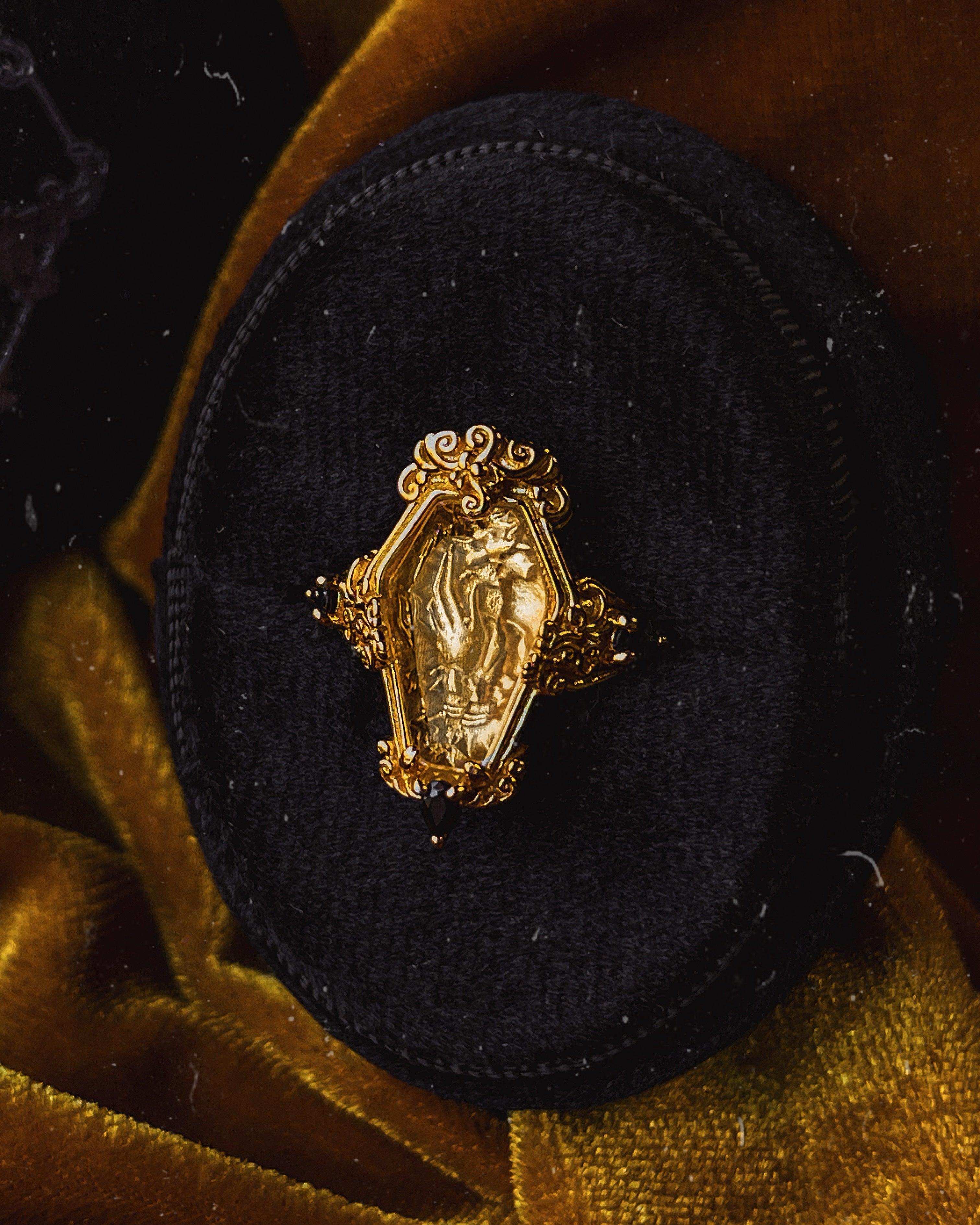 The GOLD "Mourning Hand” Glass Casket Ring