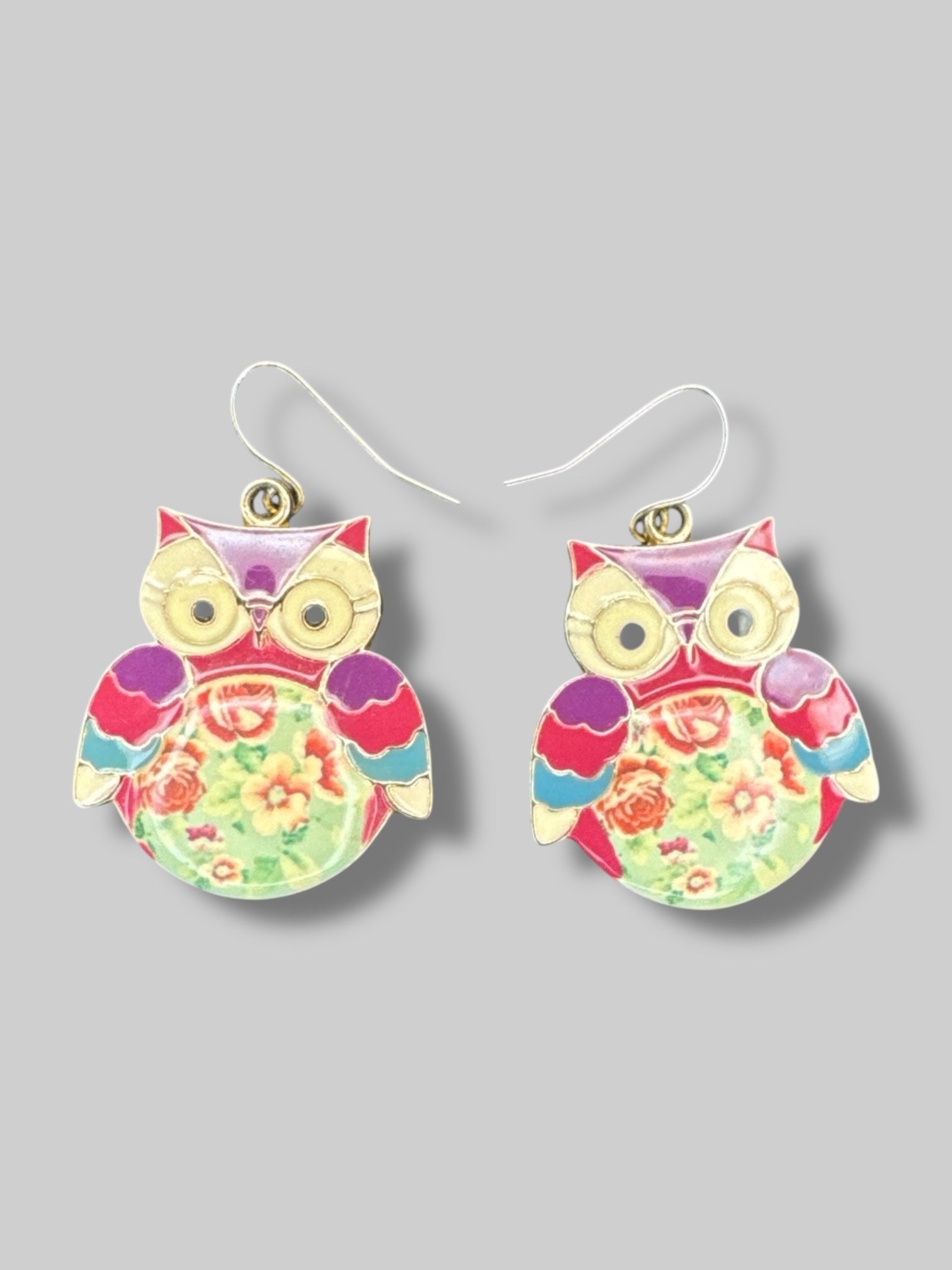 Multicolor owl earrings with floral belly