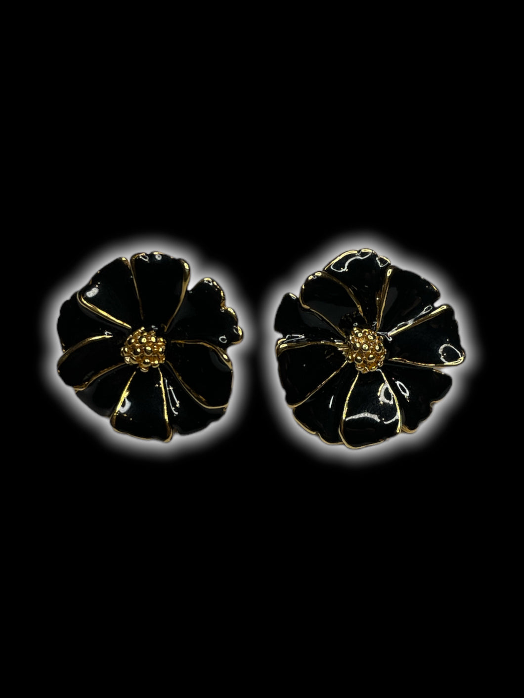 Gold-like & black floral earrings w/ secure lock backs