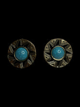 Load image into Gallery viewer, Gold-like, black, &amp; topaz round sun design earrings w/ secure lock backs
