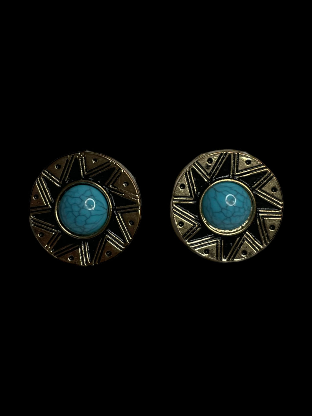 Gold-like, black, & topaz round sun design earrings w/ secure lock backs