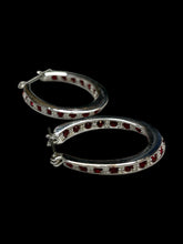 Load image into Gallery viewer, NWT Avon silver-like circle pendant necklace &amp; hinge oval hoop earring set w/ red &amp; clear cut gems, &amp; necklace chain expander
