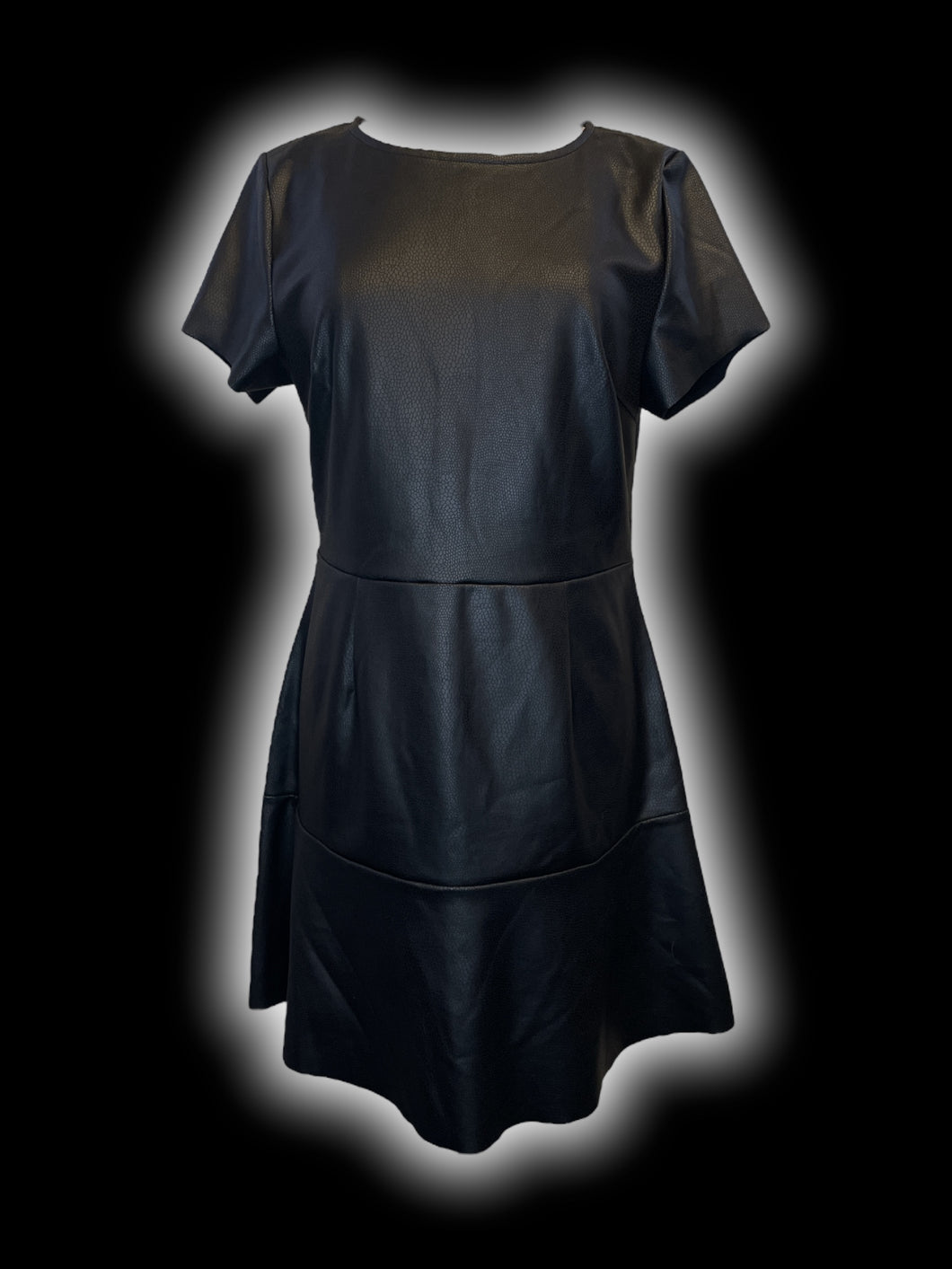 L NWT Black pleather short sleeve scoop neckline a-line dress w/ zipper closure