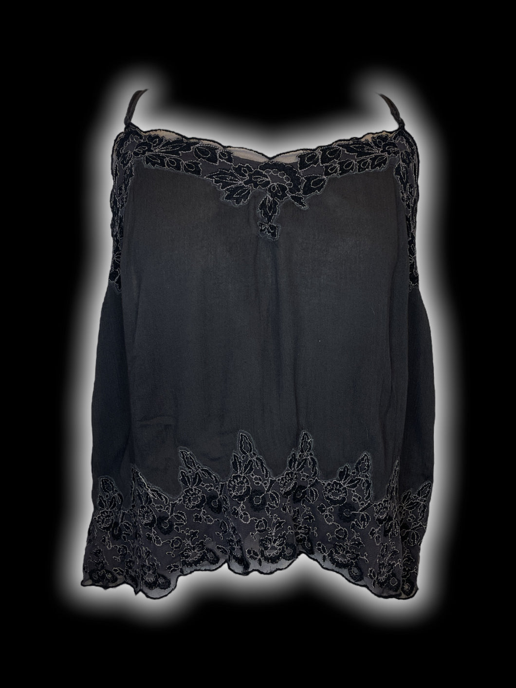 2X Dark grey, black, & light grey floral embroidery sleeveless v-neckline top w/ adjustable straps, & scalloped hem