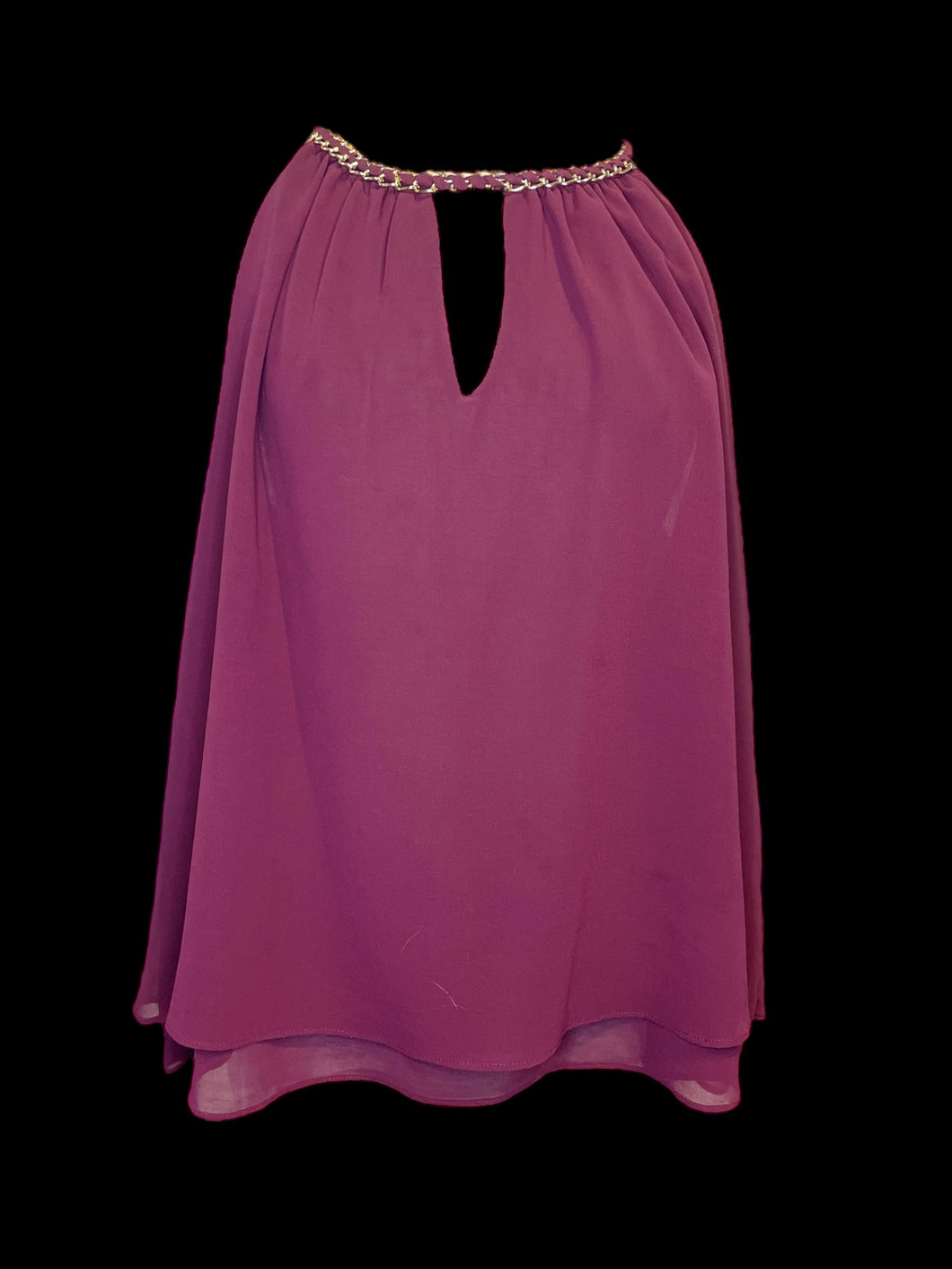 4X Plum sheer sleeveless scoop neck tiered top w/ gold-like chain detail, & keyhole accents